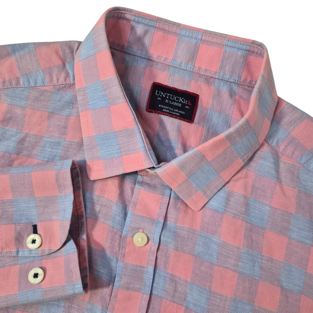UNTUCKIT Button Up Mens XL Pink Blue Gingham Cotton Linen Preppy Coastal Summer